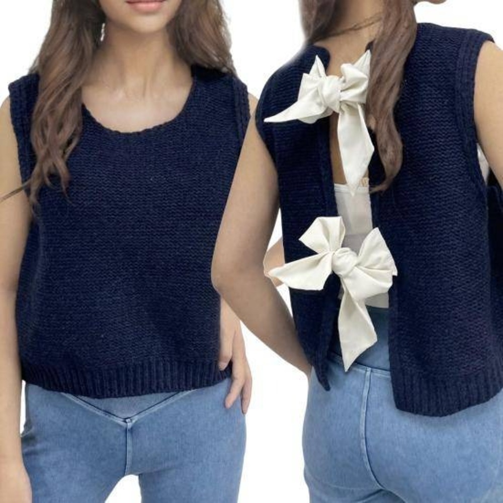 $49 S Commense boxy sweater vest cardigan open back ribbon closure sleeveless xo
